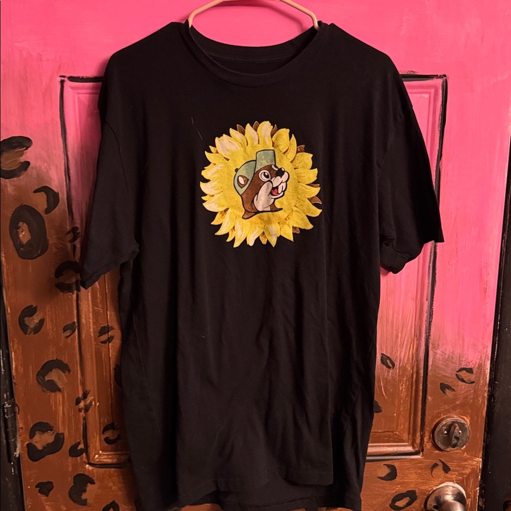 Black T-Shirt with Sunflower and Cartoon Design